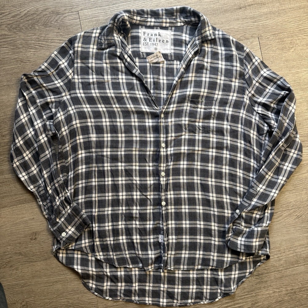 Frank & Eileen Relaxed Button-Down Shirt Women's Medium Black Plaid 100% Modal
